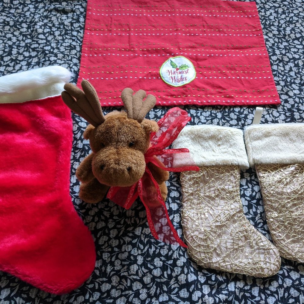 Sparking Christmas Stockings + Moose Reindeer Plush Toy + Red Small Table Cloth